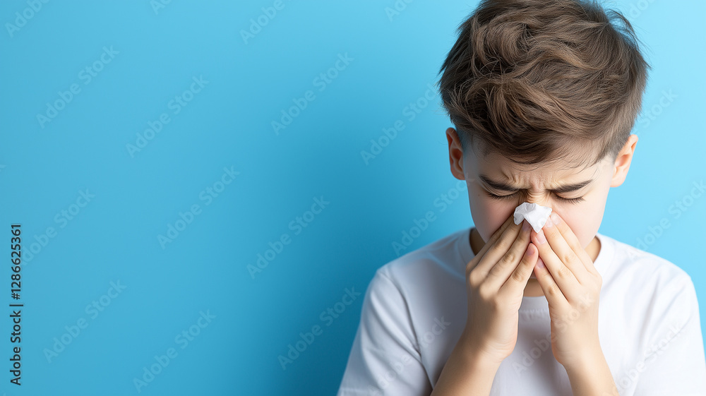 young boy sneezes while holding tissue to his nose against blue background, expressing discomfort young boy sneezes while holding tissue to his nose against blue background, expressing discomfort