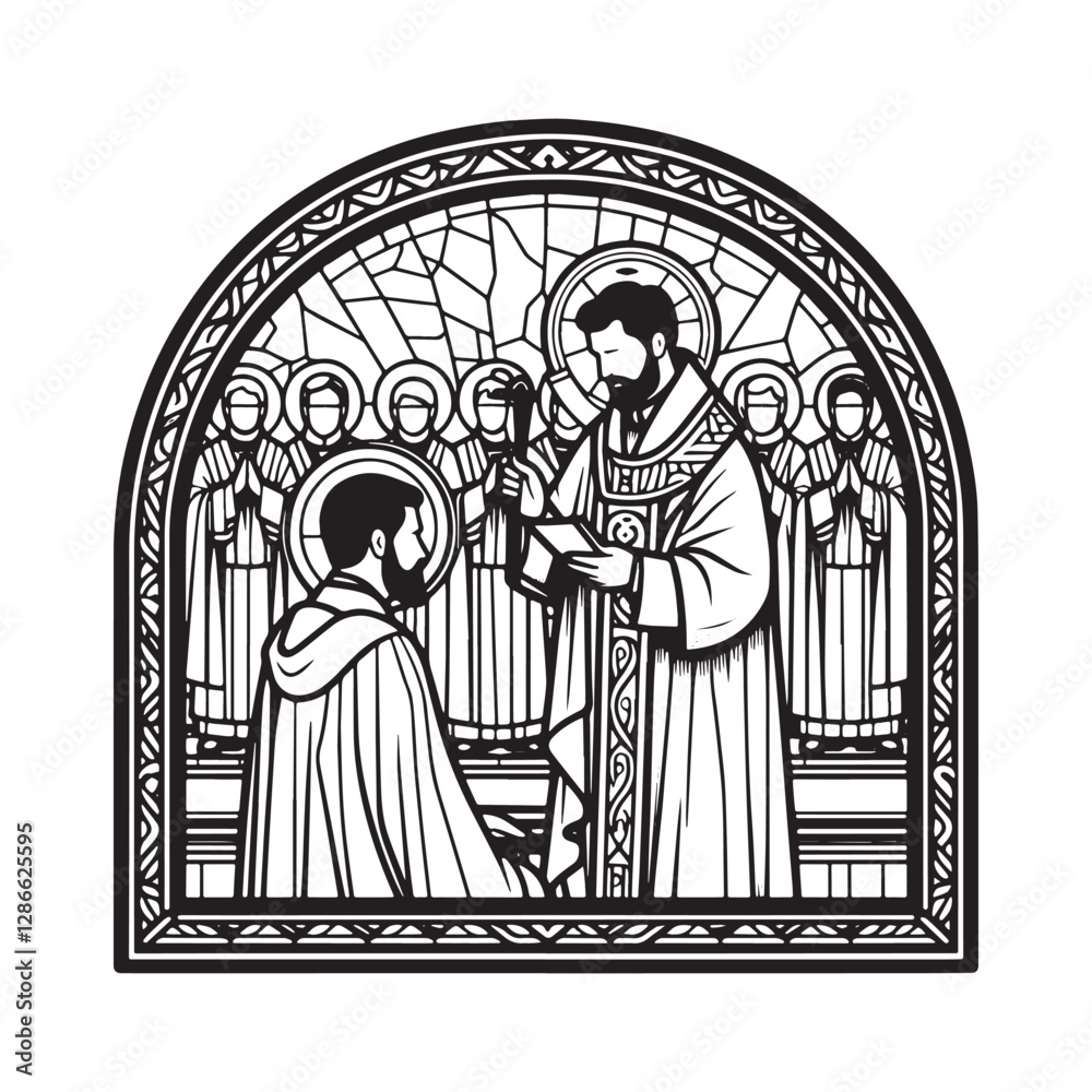 Fototapeta premium Minimalist mosaic depiction of a priest's ordination ceremony in an arc window