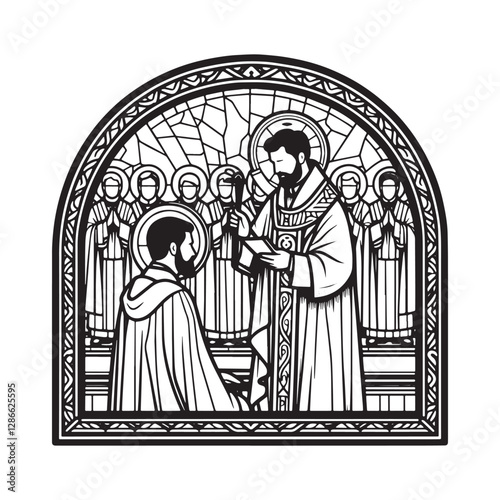 Minimalist mosaic depiction of a priest's ordination ceremony in an arc window