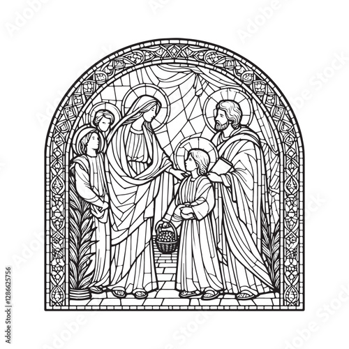 Minimalist Mosaic Depiction of Mary and Jesus Visiting Elizabeth and John the Baptist in Simple Arc Window