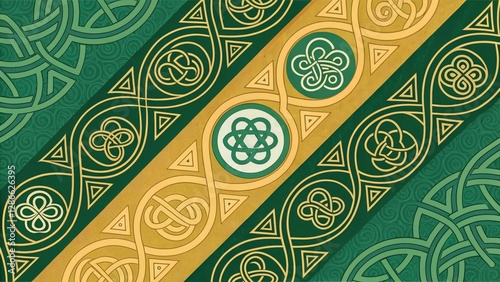 Celtic Knotwork Pattern with Four-Leaf Clover and Atom Symbols