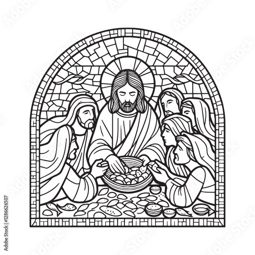 Minimalist mosaic illustration of Jesus feeding the 5000 miracle scene