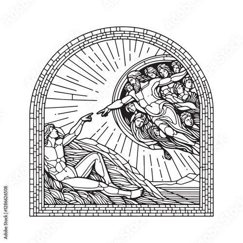 Minimalist Mosaic Interpretation of The Creation of Adam Inside Arc Window