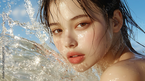 Dynamic water portrait of a young woman beachside photography natural light close-up beauty concept