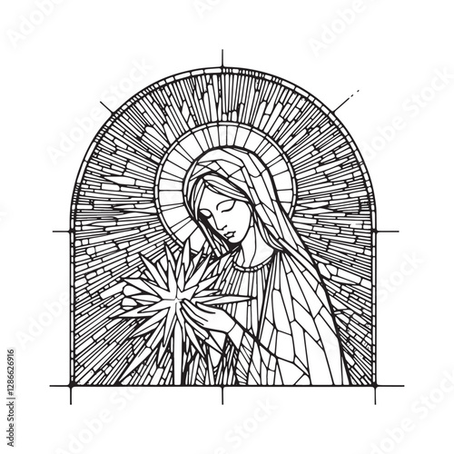 Minimalist Mosaic of Mary as the Morning Star within an Arched Window