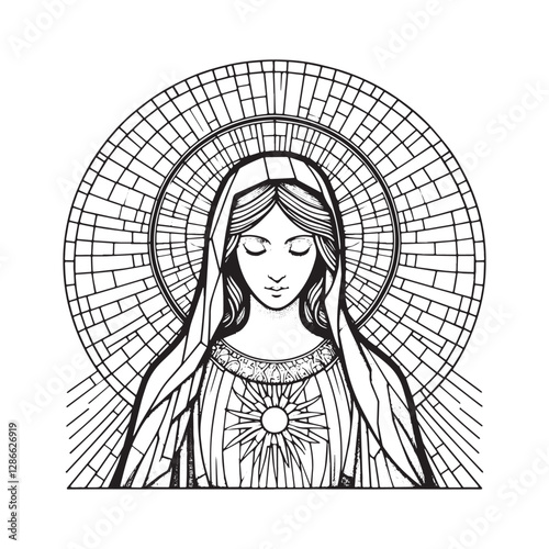 Minimalist Mosaic of Mary, Spouse of the Holy Spirit in Arc Window