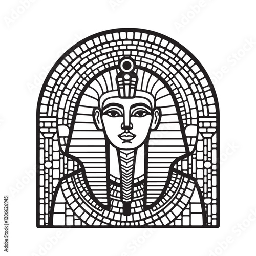 Minimalist Mosaic of Osiris, Egyptian God, in an Arc Window Outline