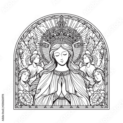 Minimalist Mosaic of Virgin Mary Crowned by Angels in Arc Window Design