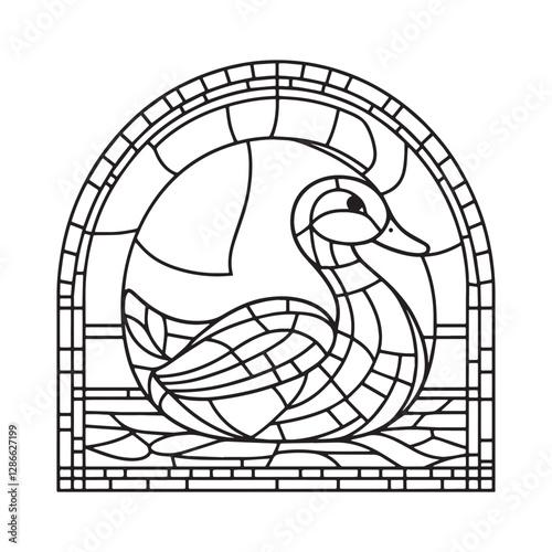 Minimalist mosaic outline of a duck bird inside an arc window de