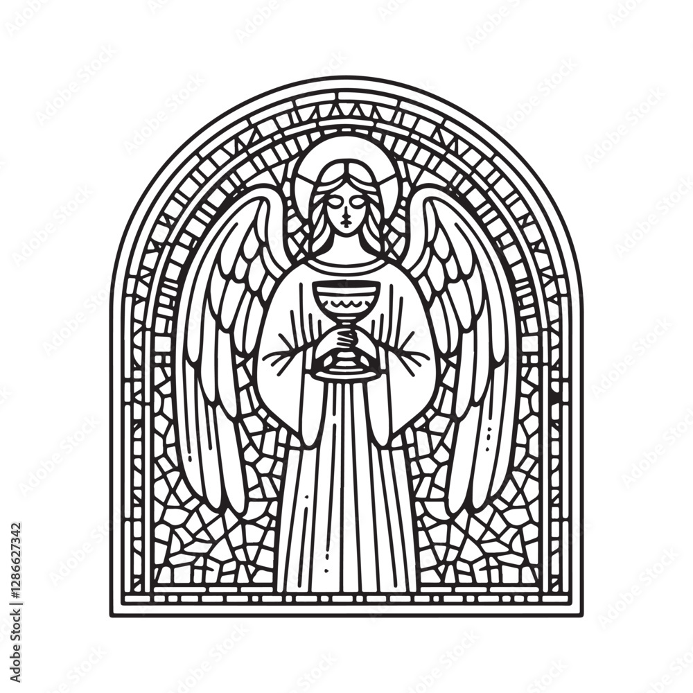 Obraz premium Minimalist mosaic outline of an angel holding a chalice in an arc window