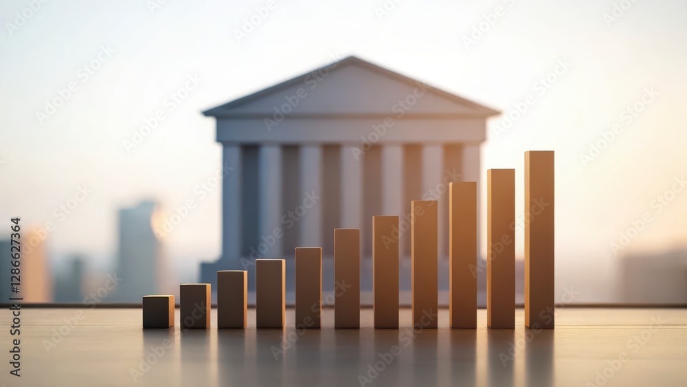 Fototapeta premium Upward Trend Bar Graph Before Neoclassical Building at Sunrise