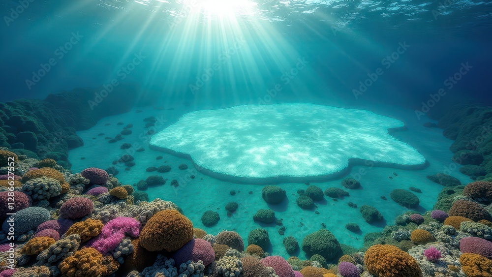 Fototapeta premium Underwater view of coral reef lagoon with sun rays shining through clear ocean water 