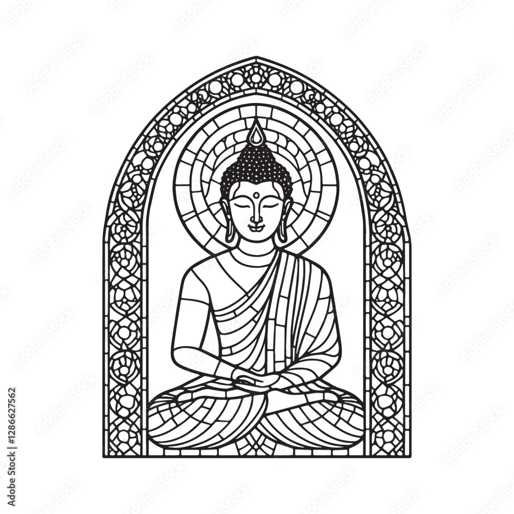 Fototapeta premium Minimalist mosaic outline of buddha god inside simple arc window
