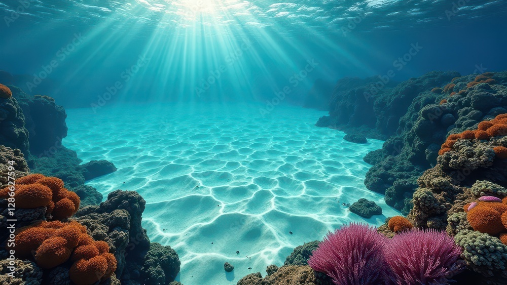Fototapeta premium Underwater view of coral reef lagoon with sun rays shining through clear ocean water 