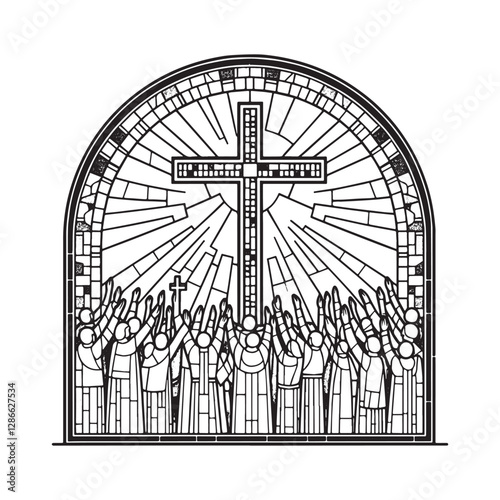 Minimalist Mosaic Outline of Believers Holding Cross in Arc Window