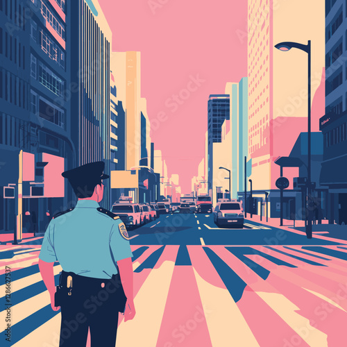 Police Officer Standing in City Crosswalk