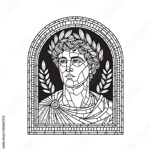 Minimalist Mosaic Outline of Caesar with Laurel Wreath in Arc Window