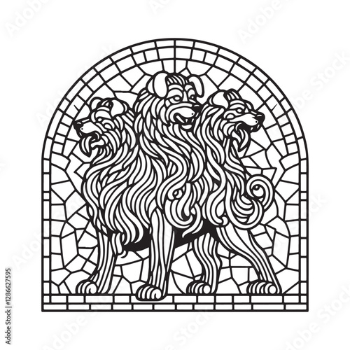 Minimalist mosaic outline of Cerberus guarding the underworld in an arc window
