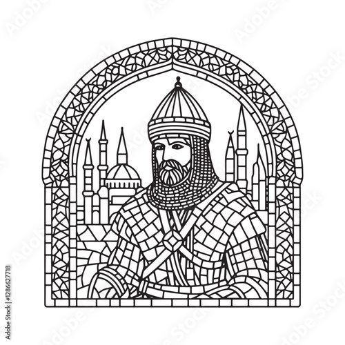 Minimalist Mosaic Outline of Janissary in Arc Window, Coloring Book Style