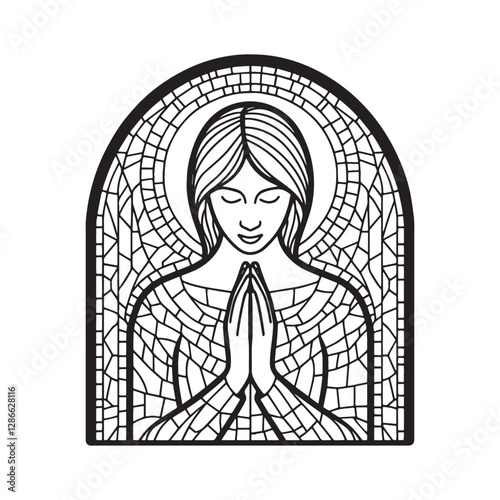 Minimalist mosaic outline of person praying in arc window, spirituality