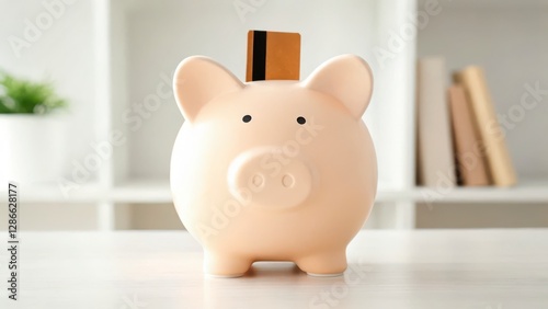 Beige Piggy Bank with Credit Card on White Table