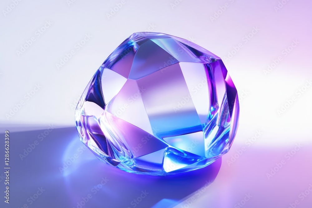 A vibrant, iridescent gemstone,faceted and glowing with purple and blue hues, sits on a light background. A vibrant, iridescent gemstone,faceted and glowing with purple and blue hues, sits on a light background.