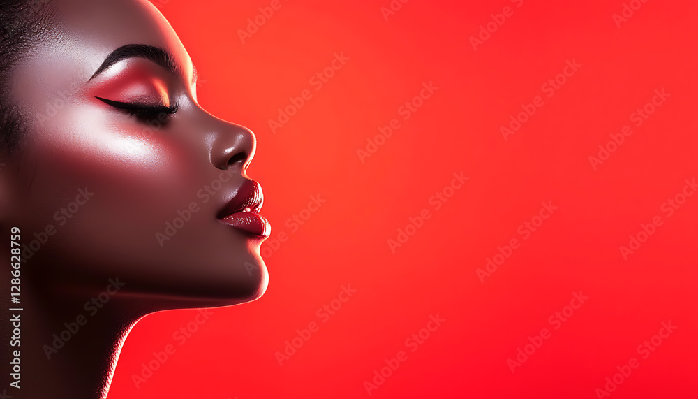 Elegant portrait of a model against a bold red background beauty photography studio setting close-up view aesthetic appeal Elegant portrait of a model against a bold red background beauty photography studio setting close-up view aesthetic appeal