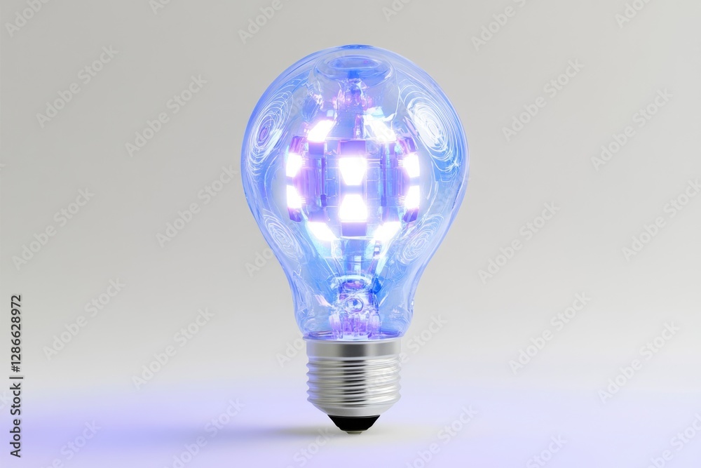 A translucent blue light bulb with a complex internal structure glows brightly against a neutral background. A translucent blue light bulb with a complex internal structure glows brightly against a neutral background.