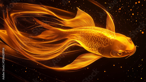 Fiery golden koi fish swimming in a glowing abstract background, symbolizing strength, transformation, and the beauty of perseverance in Eastern mythology.