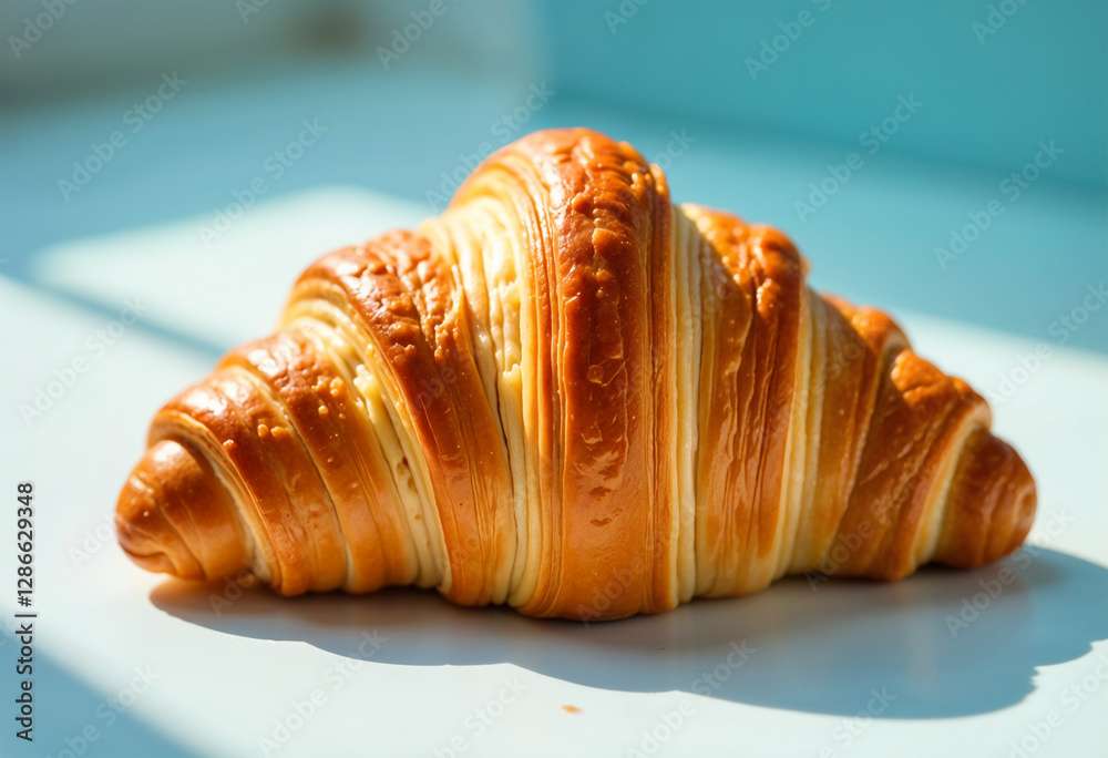 A freshly baked golden croissant rests on a pristine white surface, its flaky layers glistening under soft morning light. The rich, buttery aroma seems almost tangible, inviting a moment A freshly baked golden croissant rests on a pristine white surface, its flaky layers glistening under soft morning light. The rich, buttery aroma seems almost tangible, inviting a moment
