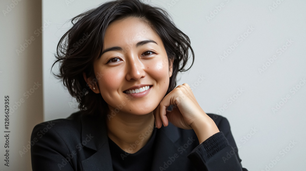 Portrait of young Asian woman with short dark hair smiling confidently in black blazer indoors against plain wall Portrait of young Asian woman with short dark hair smiling confidently in black blazer indoors against plain wall