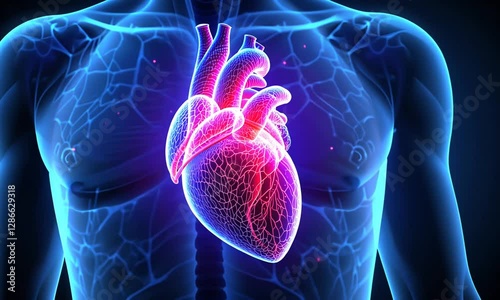 A glowing, highly detailed 3D digital illustration of a human heart in neon blue and red hues, representing medical technology. Concept of science and innovation
