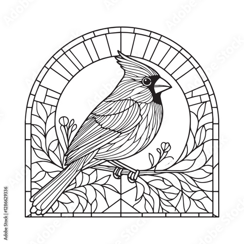 Minimalist mosaic style cardinal bird in an arc window frame des