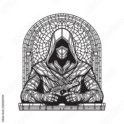 Minimalist mosaic style assassin figure in an arched stained glass window