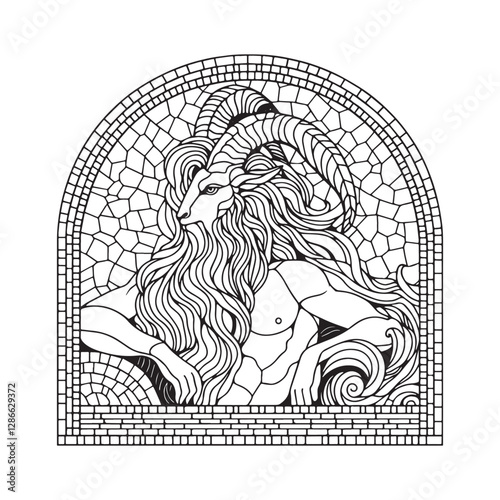 Minimalist mosaic style satyr illustration inside an arc window frame