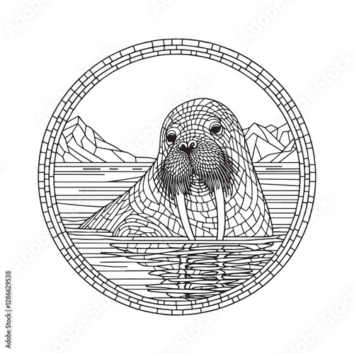 Minimalist Mosaic Walrus in Arctic Landscape Window 8001
