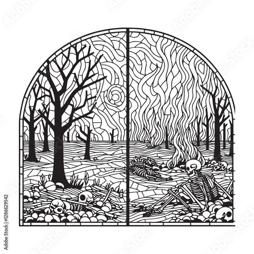 Minimalist mosaic wasteland with skeletal remains and burning trees in window