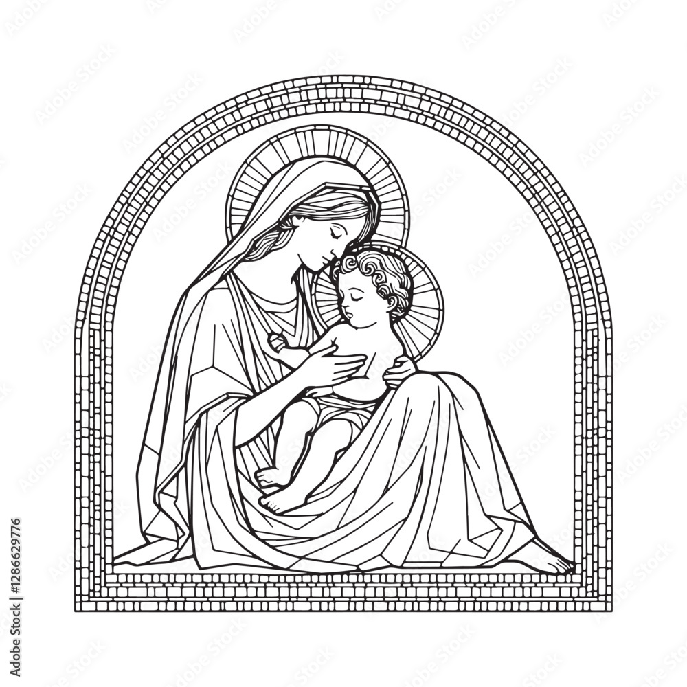 Fototapeta premium Minimalist Mosaic, Mary Nursing Baby Jesus in an Arc Window Setting