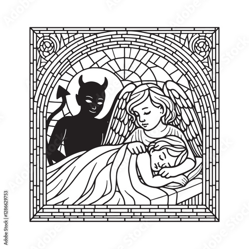 Minimalist mosaic, guardian angel protects child from devil in window