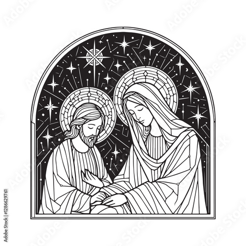 Minimalist Mosaic, Mary and Jesus gaze at the stars through arc window