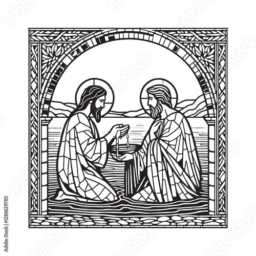 Minimalist Mosaic, The Baptism of Jesus by John the Baptist in Jordan River