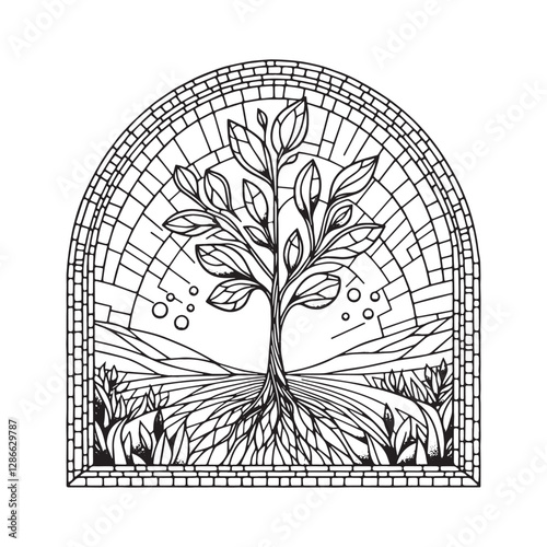 Minimalist Mosaic Depiction of the Parable of the Mustard Seed in Arc Window Outline Art, Evoking Spiritual and Religious