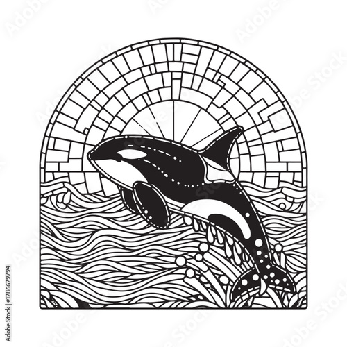 Minimalist Orca Mosaic in Arc Window Design 8597