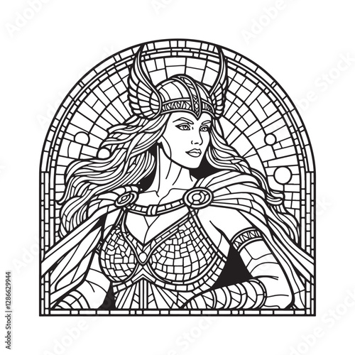 Minimalist Valkyrie Goddess in Arc Window Coloring Page for Creative Designs