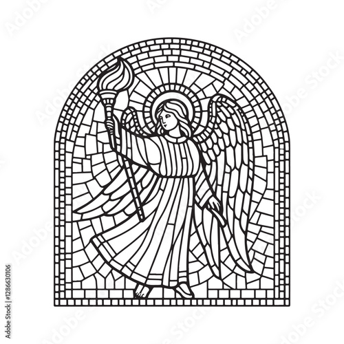 Mosaic angel with a torch, illuminating guidance through arc window