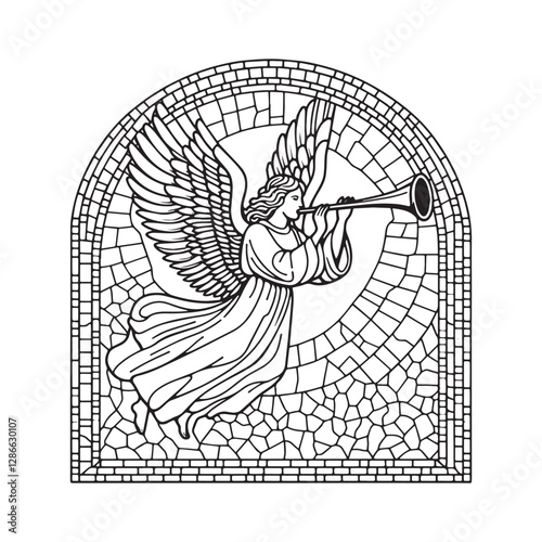 Mosaic Angel with Trumpet Announcing Last Judgment in Arc Window Outline