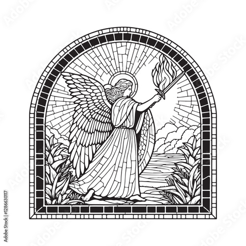 Mosaic Angel Guarding Eden Entrance with Flaming Sword in Arc Window