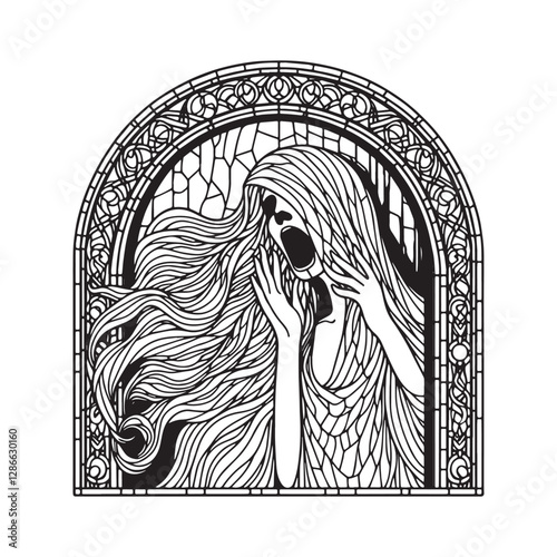 Mosaic Banshee in Arc Window, A Coloring Book Illustration of Haunting Folklore c1640-01