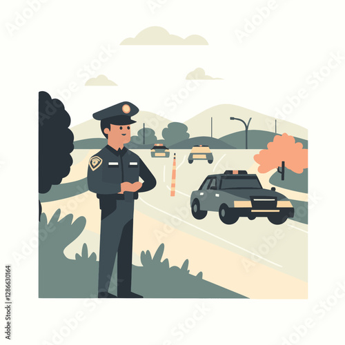 Police Officer Directing Traffic on a Country Road