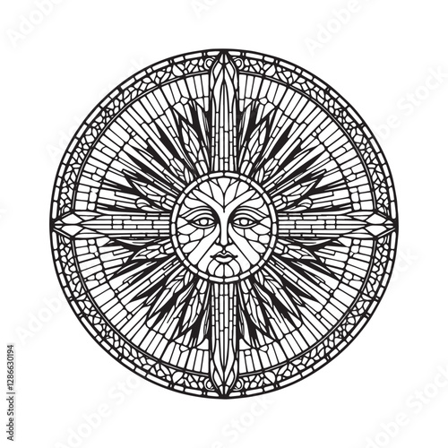 Minimalist sunburst mosaic outline representing divine glory and radiant energy